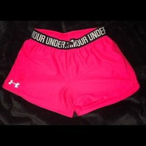 bright pink under armor spandex/shorts